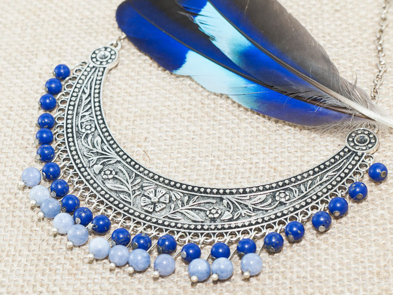 Handmade boho necklace with lapis lazuli and angelite gemstones